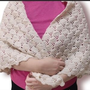 Beige Crochet Scalloped Edge Shawl